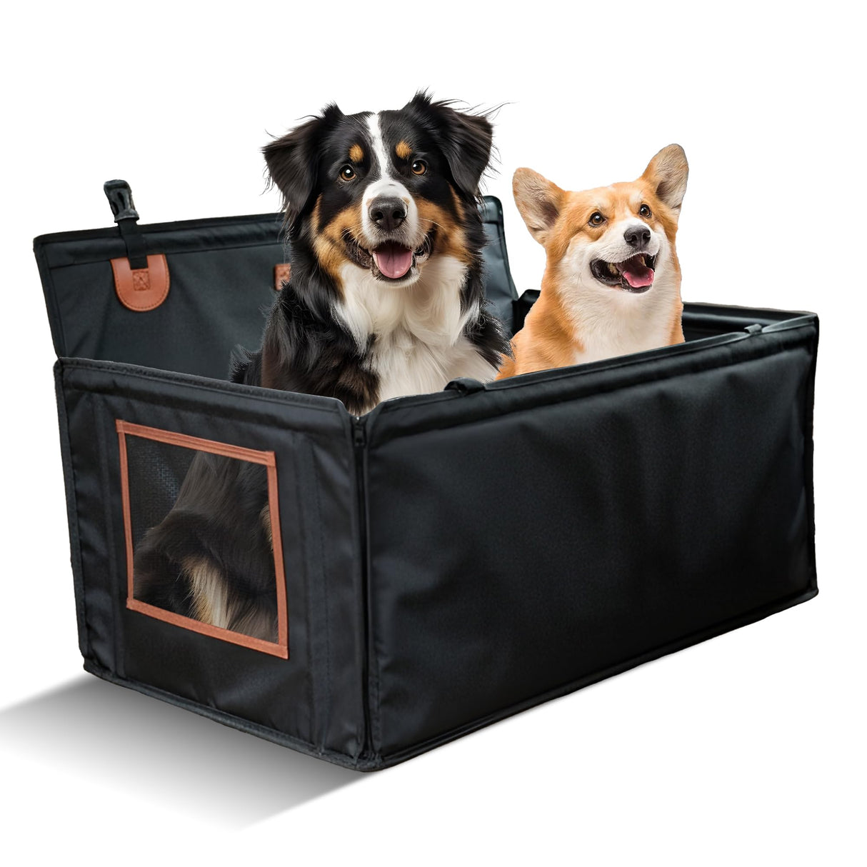 Large Dog Car Seat for Medium Sized Dog or 2 Small Dogs. Waterproof, Mesh Sides with Supporting Rods, Dual Seat Belt, Enclosed, Foldable & Hard Bottom Pet Car Seat. Pet Travel Bed 29.5"X19.7"X19.7"
