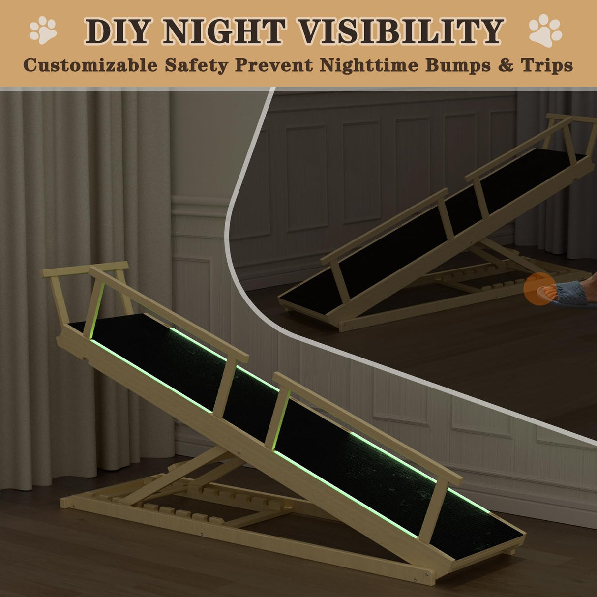 ZENTAVO Dog Ramp for Bed - 7-Level Adjustable (13"-37") Birchwood Dog Ramp for High Bed, Couch, 60" Foldable with Rails for Large Dogs, Non-Slip EVA Mat, DIY Glow Strips, Wooden Ramp Support 200 Lbs