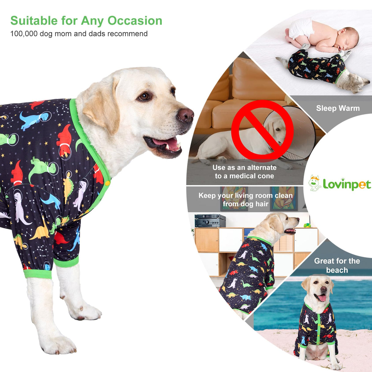 LovinPet Big Dog Wound Care/Surgical Recovery Shirt, Undershirt for Dog Coats, Anti Licking, Pet Anxiety Onesies for Dogs, Dinosaurs in Space Print, Onesies for Dogs, Pitbull Shirt, Pet PJ's, 2XL