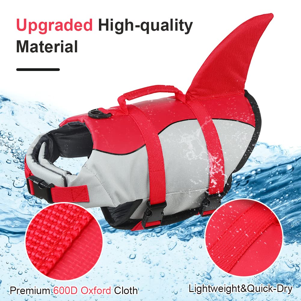 EMUST Shark Life Jackets for Dogs, Adjustable Ripstop Dog Life Vest for Water Safety Pet Life Vest with Rescue Handle Safety Vest for Swimming Pool Beach Boating, (L,Red)