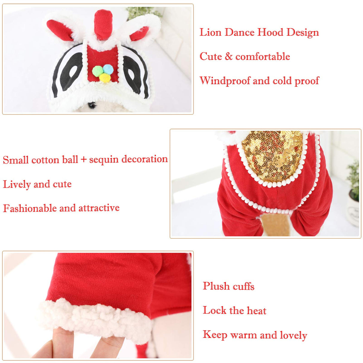 SEIS Lion Dance Dog Four-Legged Costume New Year Pet Clothes Cute Cat Tang Suit Winter Teddy Hoodies for Cats Teddy Bichon Small Medium Dogs (S (Chest Circumference 48cm/ 18.9"))