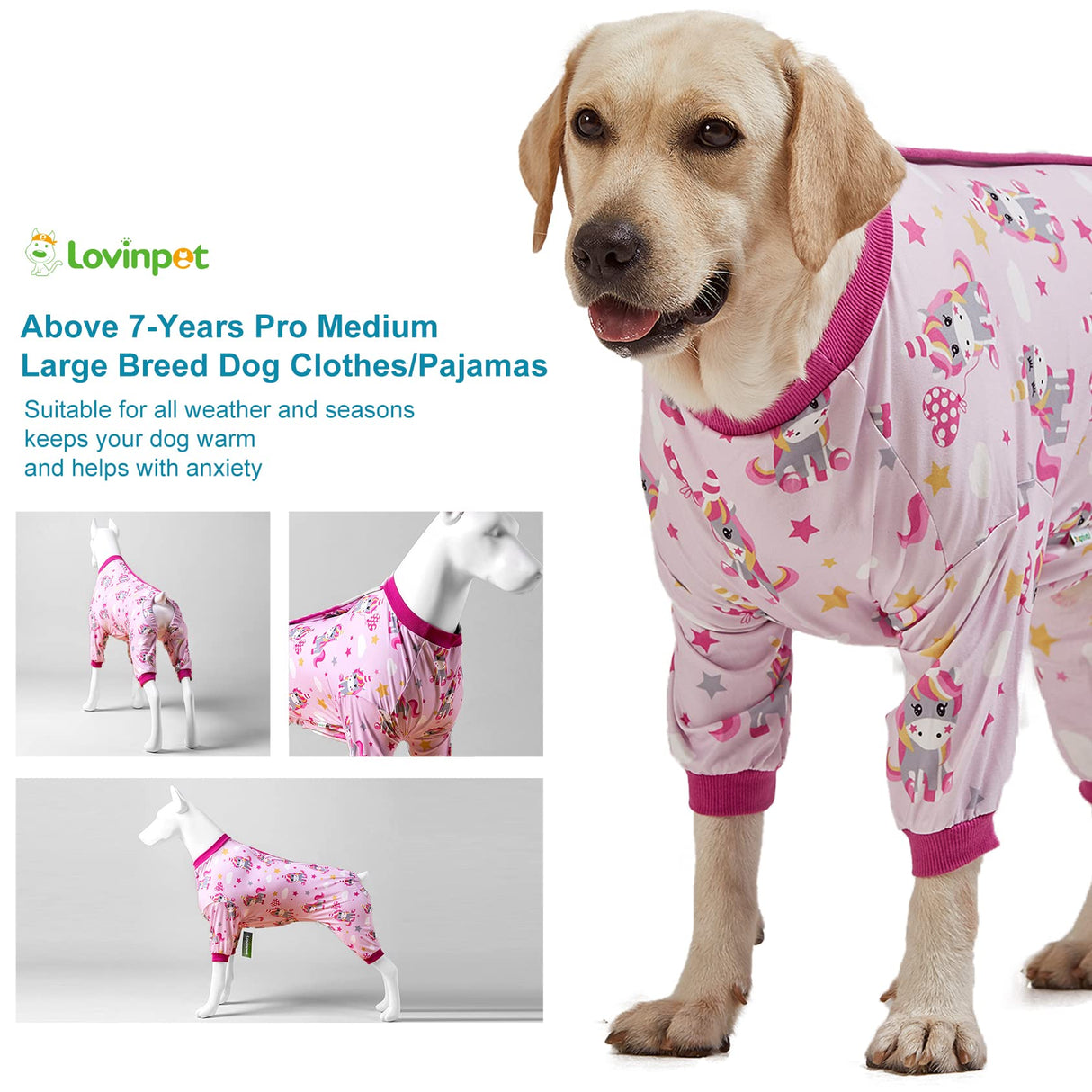 LovinPet Dog Onesies for Large Dogs, Lightweight Stretch Knit, Unicorn Rose Pink Print/Post Surgery Shirt/UV Protection, Pet Anxiety Relief, Wound Care for Large Dog Onesies/L