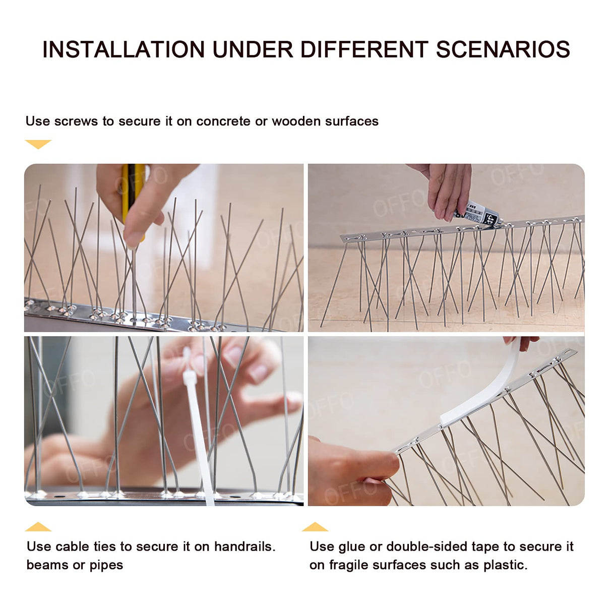 OFFO Bird Spikes with Stainless Steel Base, Durable Bird Repellent Spikes Arrow Pigeon Spikes Fence Kit for Deterring Small Bird, Crows and Woodpeckers, Covers 25 Feet(7.6m)