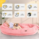Fvkind Human Dog Bed for Adults with Blanket and Pillow, 71"x51"x12" Washable Orthopedic Size, Faux Fur Removable, Cozy Large Present, Pink