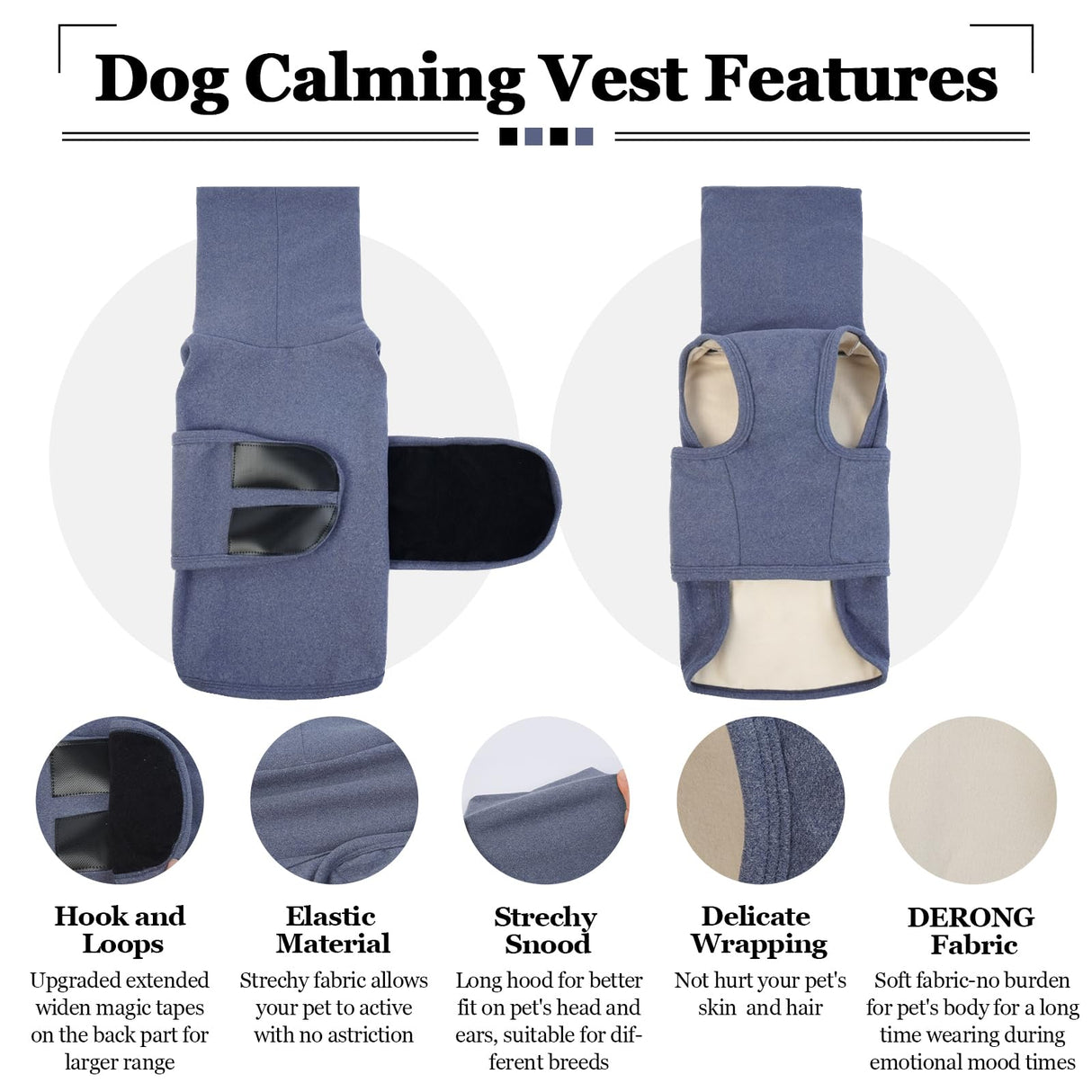 ROZKITCH Anxiety Vest for Dog, Pet Neck Wrap with Hoodie Shirt Soft Ears Cover, Thunder Jacket for Dogs Anxiety for Fireworks Travel Vet Visit 4th of July Holiday Christmas Blue L