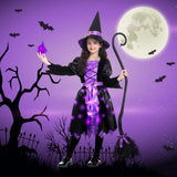 Light Up Halloween Girls Witch Costume, Toddler Witch Dress Set with Hat and Broom, Kids Witch Costumes for Halloween Themed Role-Play Party (Large)