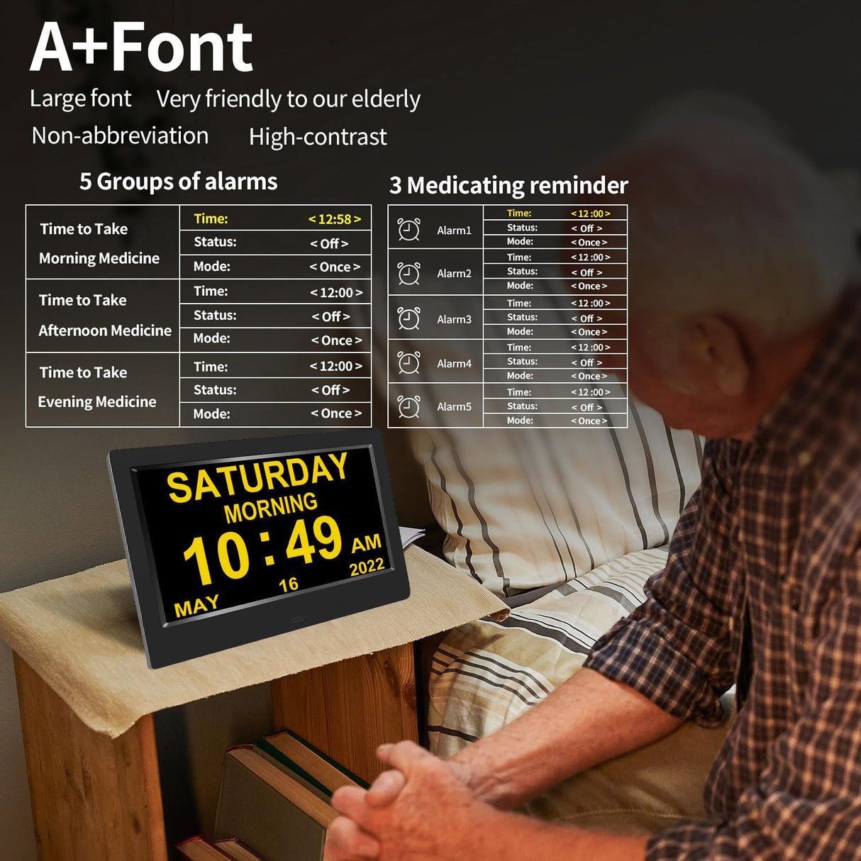 AINFTIME Clock with Day and Date for Elderly-3 Colors Display Digital Calendar Alarm Clock Dementia Alzheimers Clock with Extra Large Display (10.1in Black)
