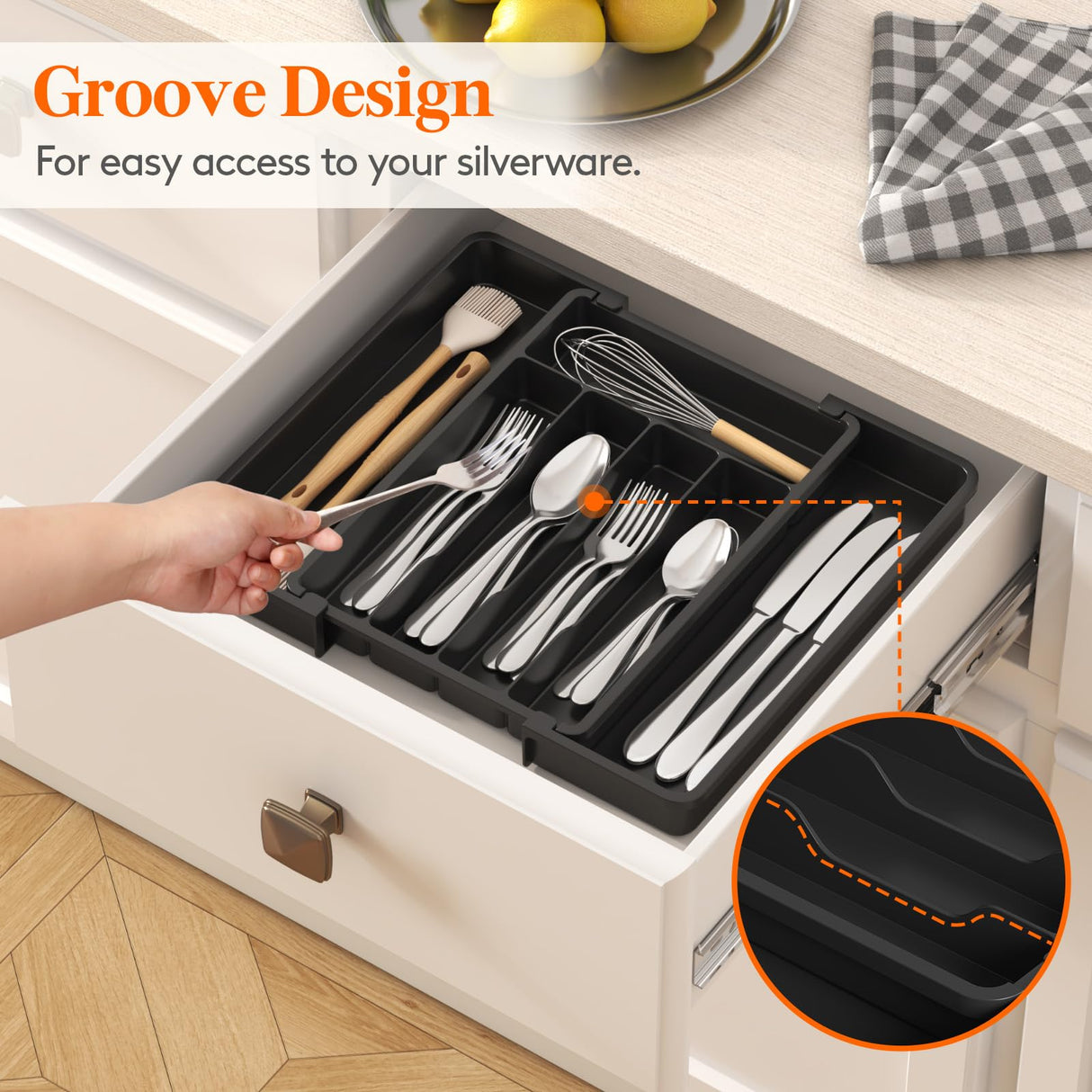 Expandable Silverware Organizer, Plastic Utensil Tray for Kitchen Drawer, BPA Free Flatware Cutlery Holder, Space-Saving Storage for Spoons Forks Knives, 8.5-14 x 12 x 1.5 inch, Black