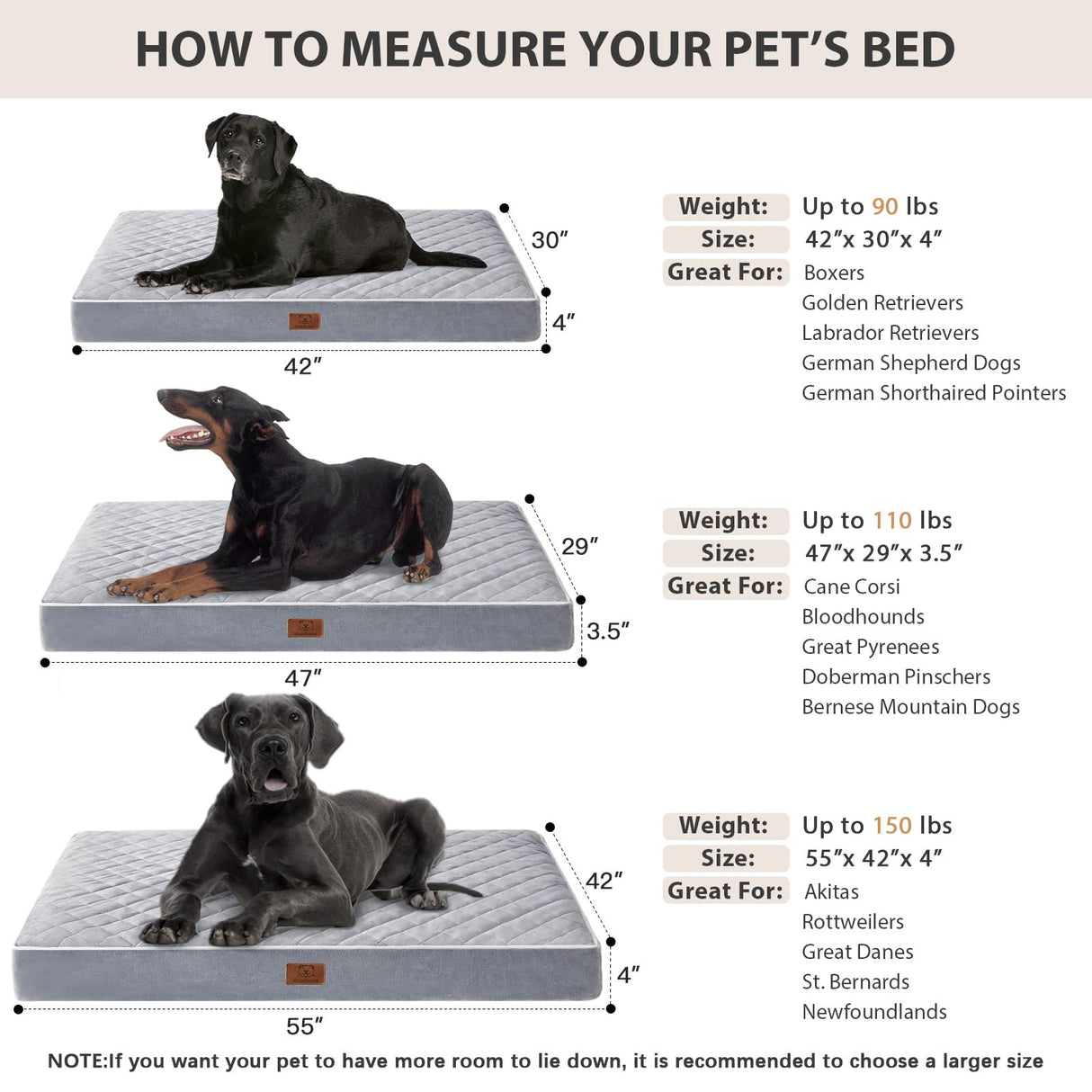 WNPETHOME Orthopedic Waterproof Extra Large Dogs Bed with Removable Washable Cover, Multi-Needle Quilting XL Crate Bed for Large Sized Dog, Light Grey