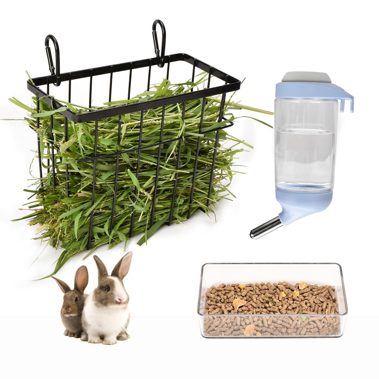 SANGLE SOPFFY Rabbit hay Feeder Small Animal Feeding Set with 350ml Water Bottle, Hay Rack, Pellet Dish for Guinea Pigs, Chinchillas, Bunny- Multifunctional Pellet Food Bowl Dispenser