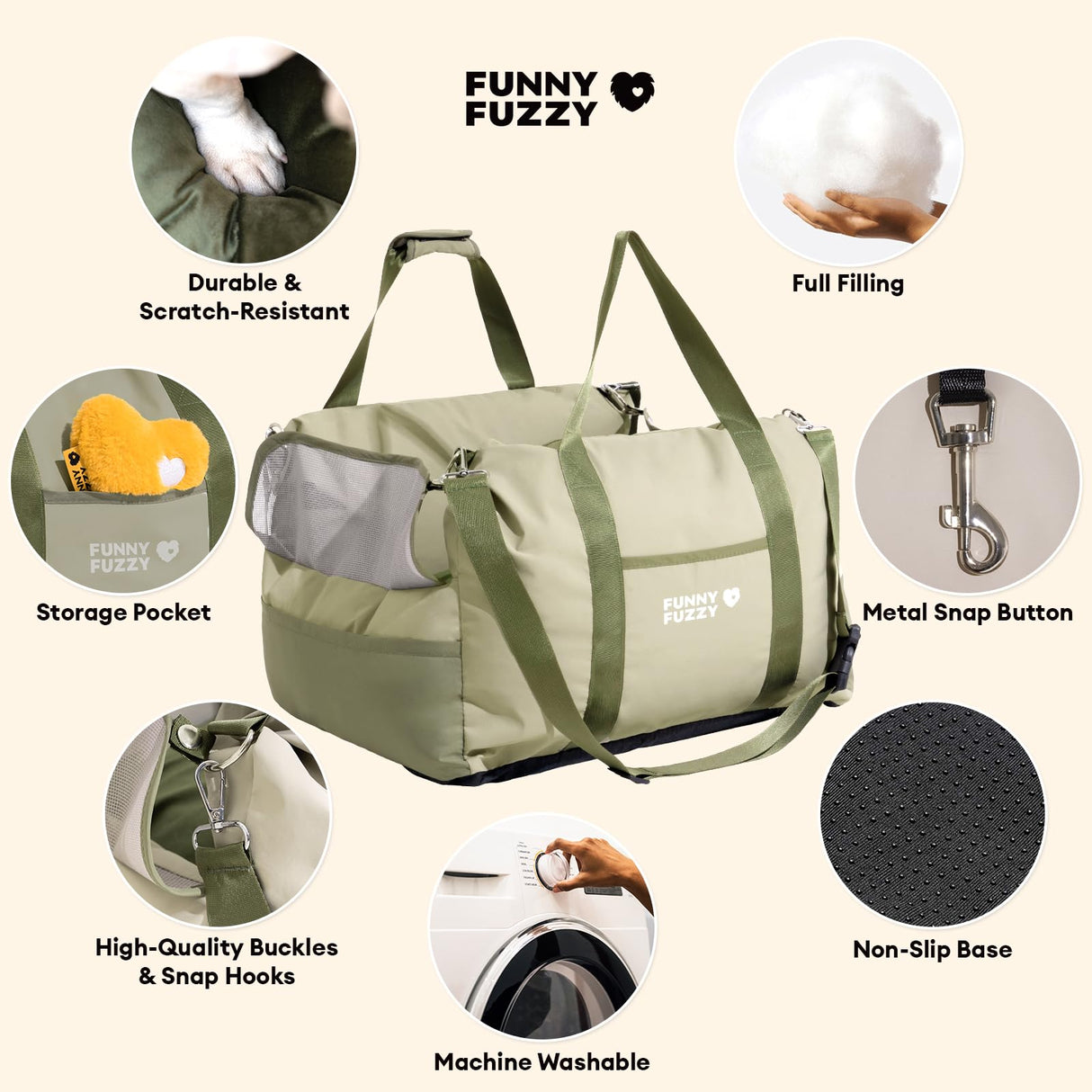 FUNNY FUZZY Waterproof Dog Car Seat for Small & Medium Dogs Up to 35lbs, Detachable & Washable Pet Booster Seat with Leash, Thick Cushion, Storage Pockets & Adjustable Straps (Green)