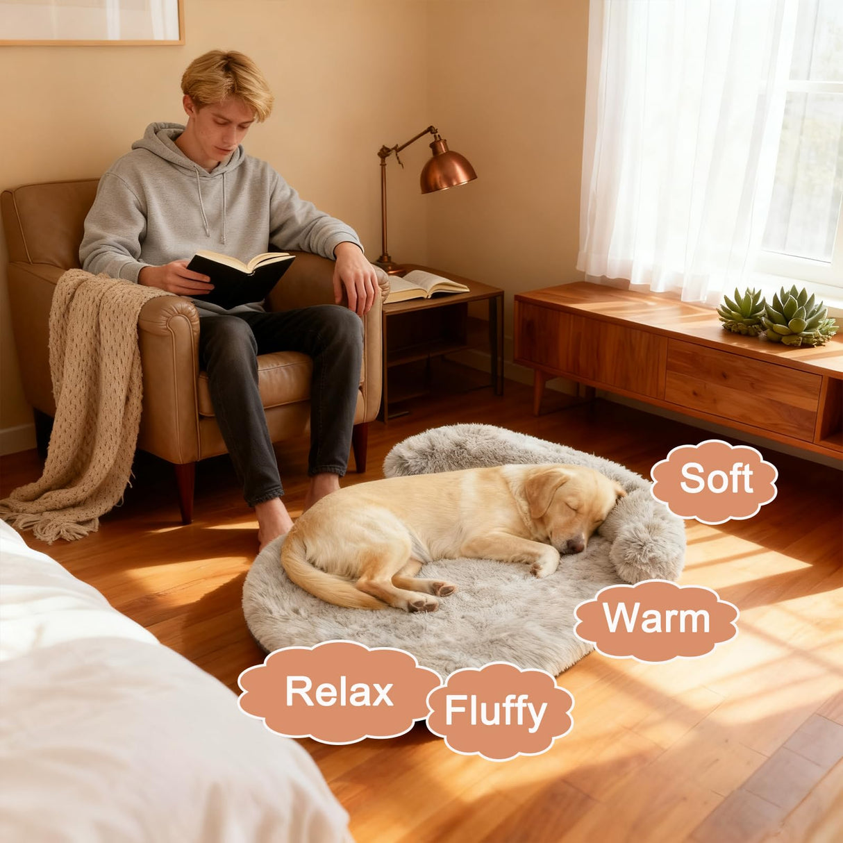 Doimier Calming Dog Beds for Medium Large Dogs, Orthopedic Cushion Plush Large Pet Bed Lounge with Washable Cover, Anti-Anxiety Soft Fluffy Faux Fur Fits up to 60 lbs Pets (Oval, Beige 40"x30")