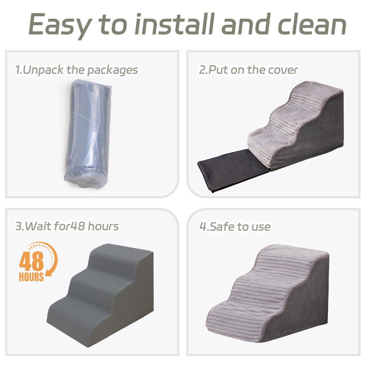 Laojin Balhen Dog Stairs for Small Dogs and Cats 18" H, High Density Support Foam Dog Steps Ramp for Bed and Couch, Pet Stairs with Non-Slip Bottom and Remove Washable Cover, 4-Step Pet Steps, Grey