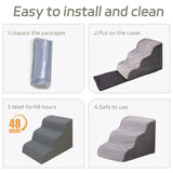 Laojin Balhen Dog Stairs for Small Dogs and Cats 18" H, High Density Support Foam Dog Steps Ramp for Bed and Couch, Pet Stairs with Non-Slip Bottom and Remove Washable Cover, 4-Step Pet Steps, Grey