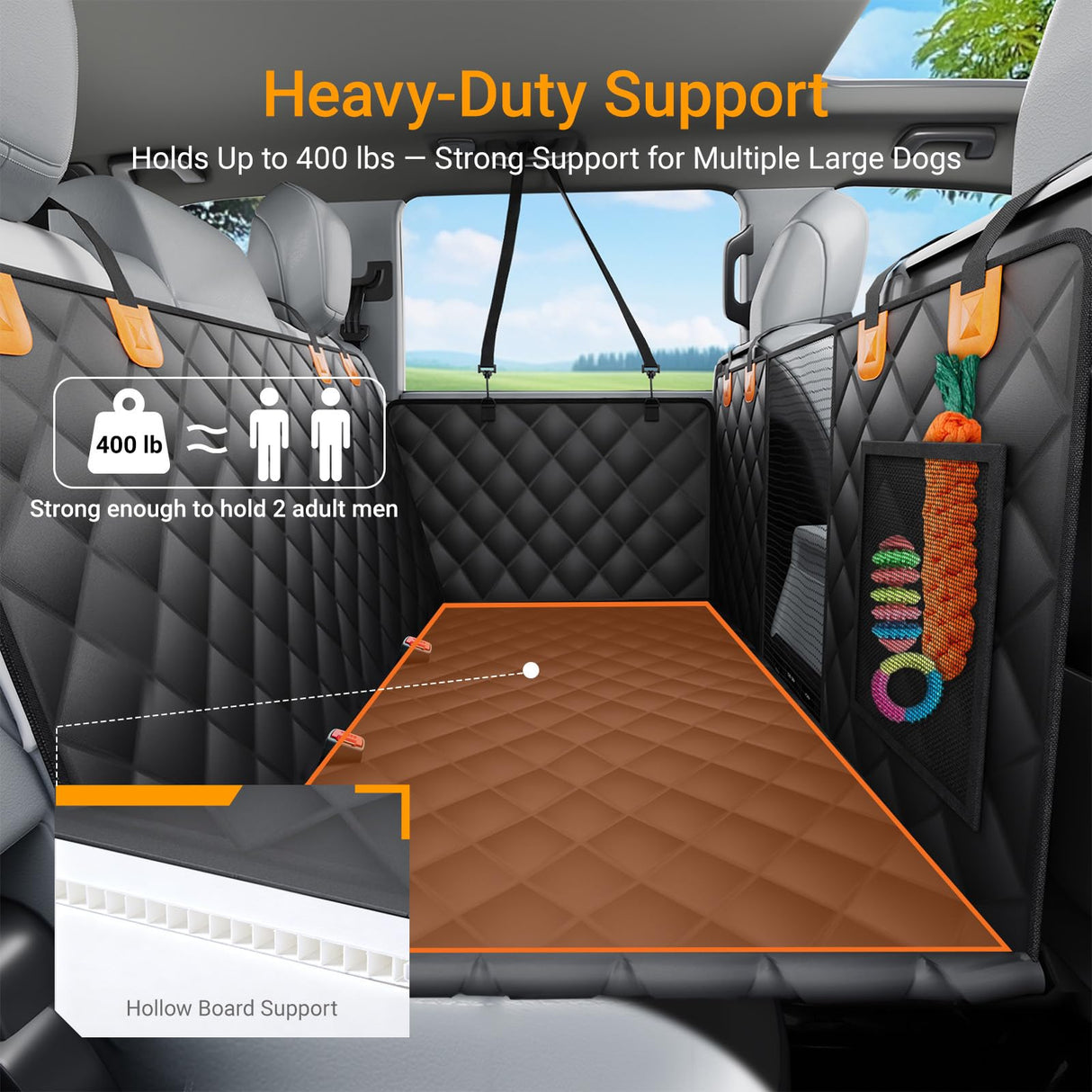 SW PRODUCTS Dog Car Seat Cover for Back Seat with Removable Hard Bottom Board, Back Seat Extender for Dogs, 600D Waterproof Dog Hammock for Car SUV, Anti-Sag Support for Large Dogs, Universal Fit