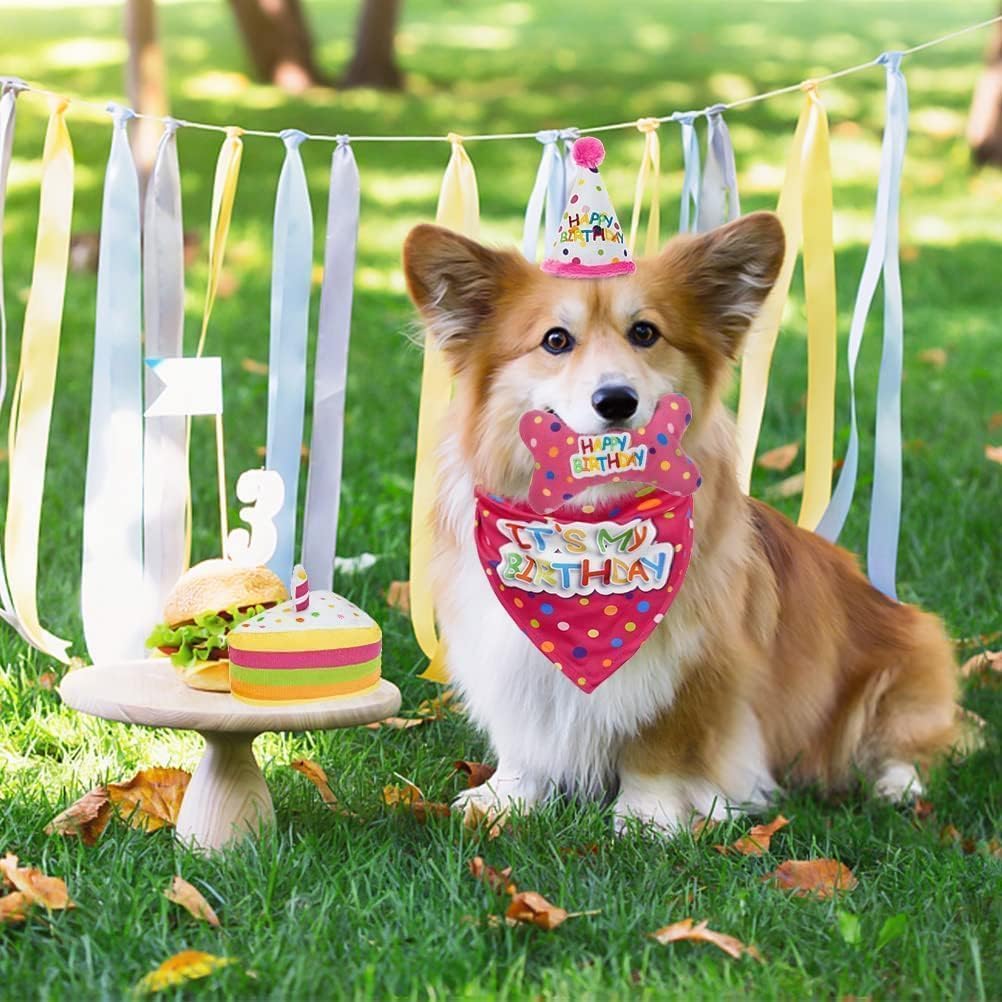BINGPET Dog Birthday Bandana Set with Cake and Balloon,Dog Birthday Party Supplies for Boys and Girls,Puppy Chew Toys Gift for Large and Extra Large Dogs Pets - Pink