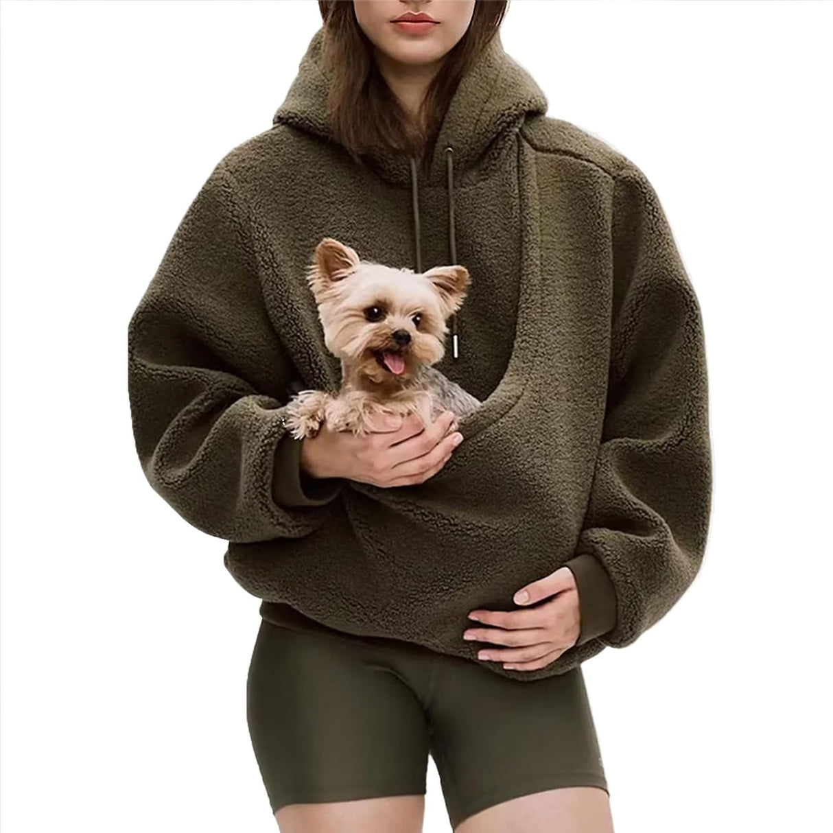 Pet Sling Hoodie Teddy Fleece Ultra-Soft Warm Pet Hoodie Carrier for Cats & Small Dogs 2-15 Lbs, Unisex Fit (Brown,L)