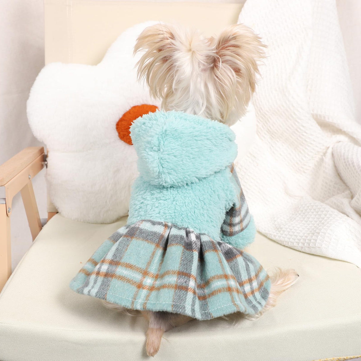 Dog Hoodie Dress Winter Pet Sweaters for Small Dogs Girl Cold Weather Warm Puppy Dresses Plaid Pet Clothes Outfits for Chihuahua Yorkie Teacup Cat Skirt Coat Apparel Clothing (X-Small, Blue)