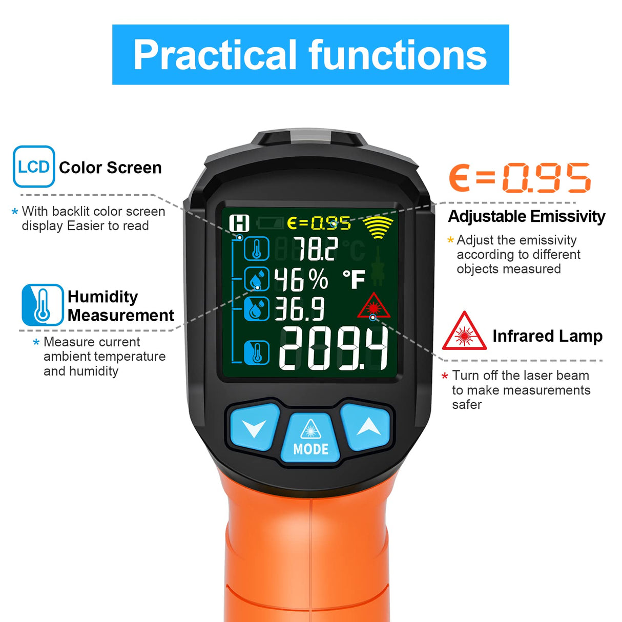 MESTEK Infrared ThermometerTemperature Gun with K Probe Digital Laser IR Thermometetr Temp Gun -58℉~1472℉ Color LCD Screen Alarm Function Adjustable Emissivity for Cooking Grill Pizza Oven
