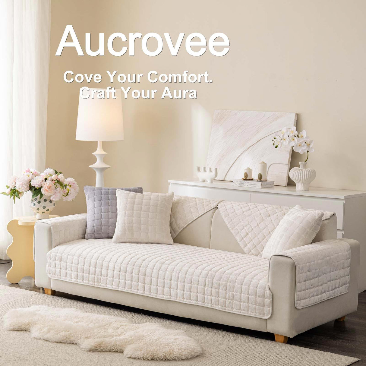 Aucrovee Velvet Washable Couch Cover for Pets Dogs, Non Slip Sectional Sofa Covers for 3 Cushion Couch Sofa L Sharped Sofa Slipcovers, Furniture Protector (1 PCS 36"x82", White)