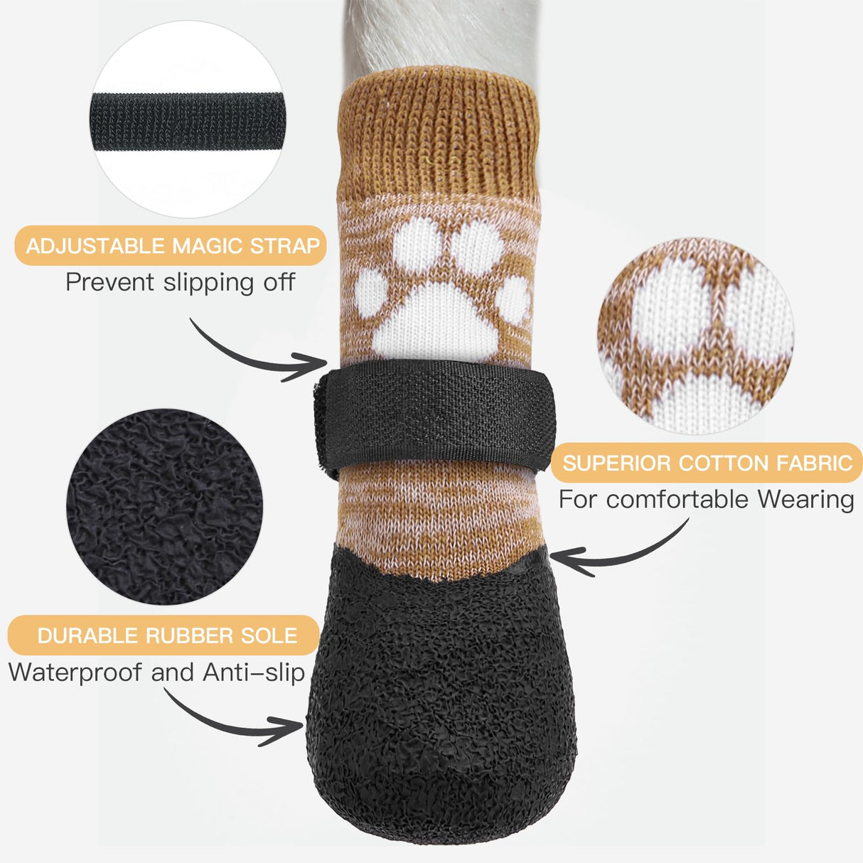 Mihachi Anti Slip Dog Socks, Dog Boots for Hardwood Floors Prevent Licking, Traction Control Waterproof Rubber Sole Paw Protectors for Small Medium Large Dogs,Khaki L