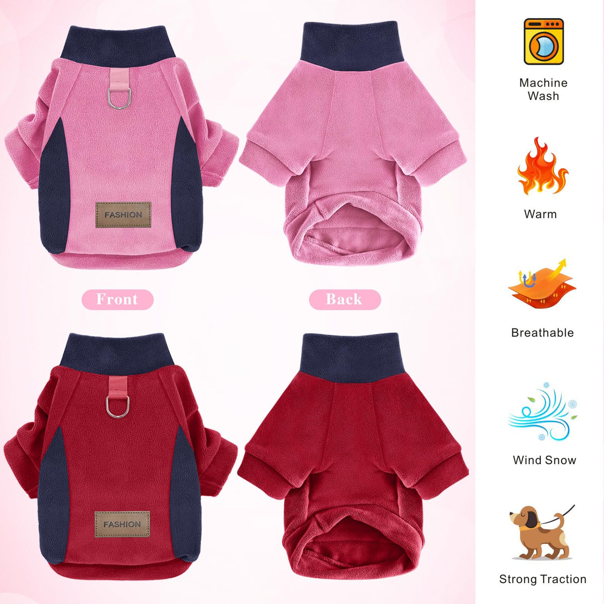 Mosucoirl Dog Fleece Sweater Hoodie Pet Warm Coats Cotton Sweatshirts Winter Clothes Puppy Pullover Jacket Dog Jumpsuit for Small Medium Dogs Cats Teddy Poodle Chihuahua (Red&Pink, 2XL)