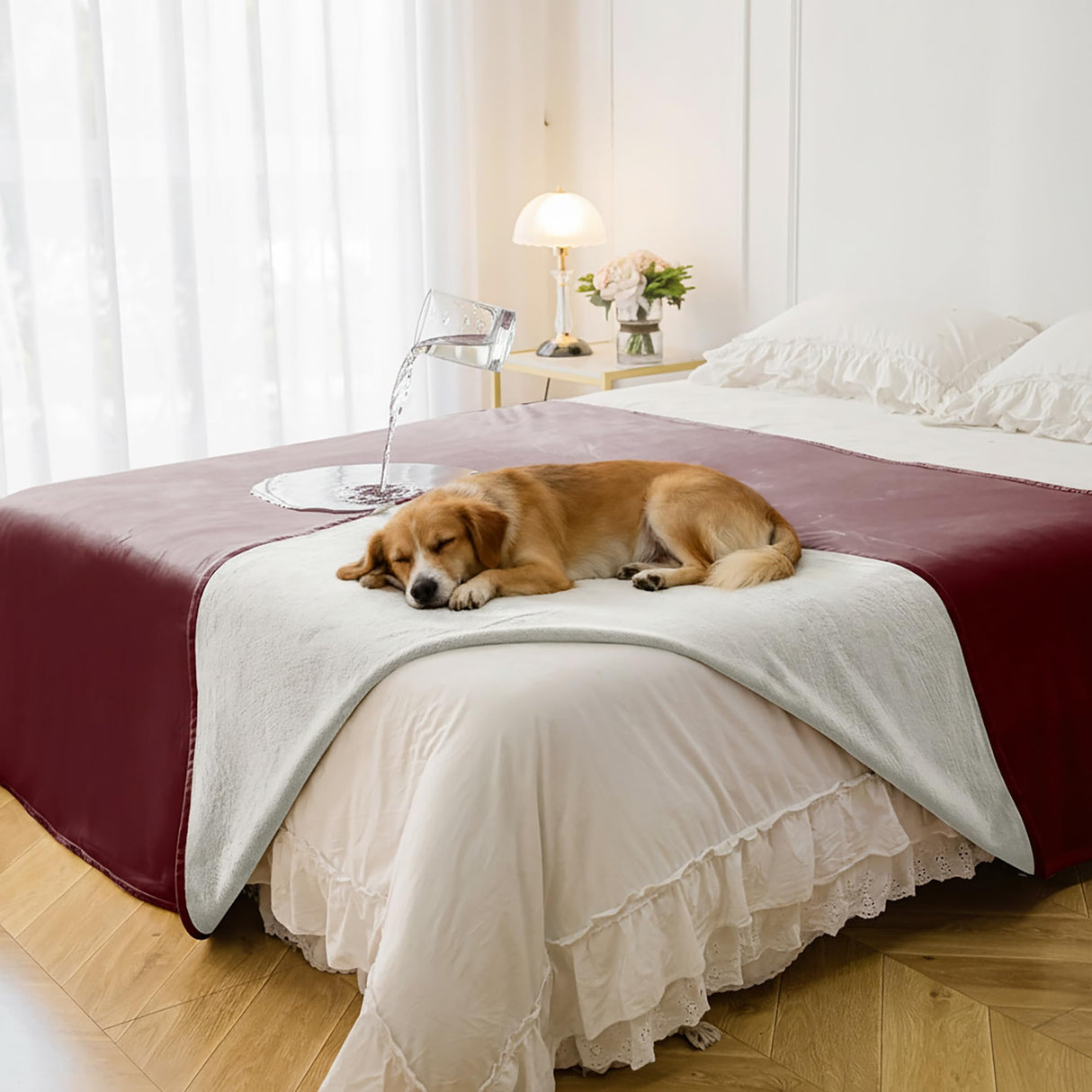 Tuffeel Waterproof Blanket for Bed King Size, Leak Proof Dog Couch Blankets Reversible, Pet Throw Sofa Furniture Protector Machine Washable-82 x108,Burgundy Red+Cream