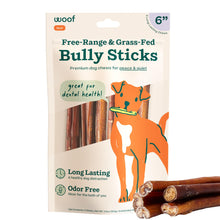 Load image into Gallery viewer, WOOF Bully Sticks Dog Treats - Chew Sticks for Dogs - Long-Lasting Dog Chew Treats - Made with Free-Range, Grass-Fed Beef - 6" Sticks - 5pk
