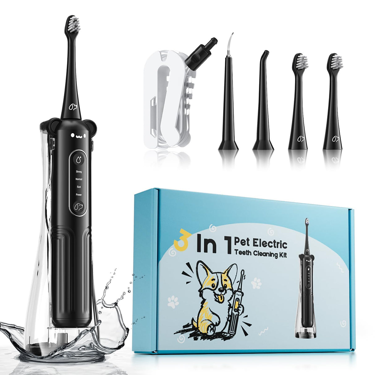 Dog Tooth Brushing Kit, 3-in-1 Dog Electric Toothbrush with Water Flosser, Dog Teeth Cleaning Tools with 3 Modes, Deep Cleaning Kit for Dogs and Cats, IPX7, 1100mAh Battery, Black