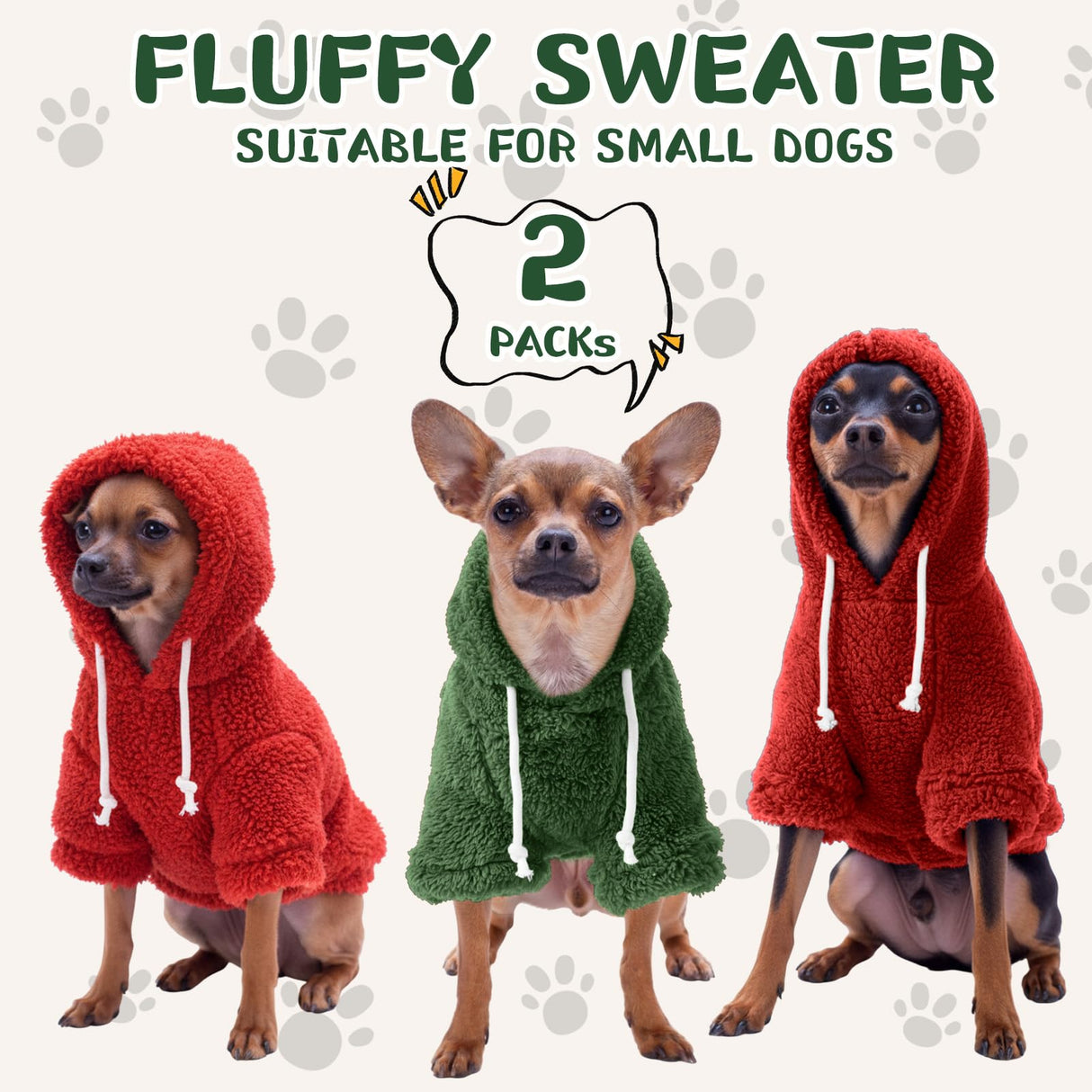 Reginary 2 Pcs Fuzzy Small Dog Hoodie Winter Dog Sweaters Double-Sided Plush Warm Soft Hooded Puppy Pet Sweatshirt Clothes Coats(L: Weight:8.5-13.2lb,Green and Red)
