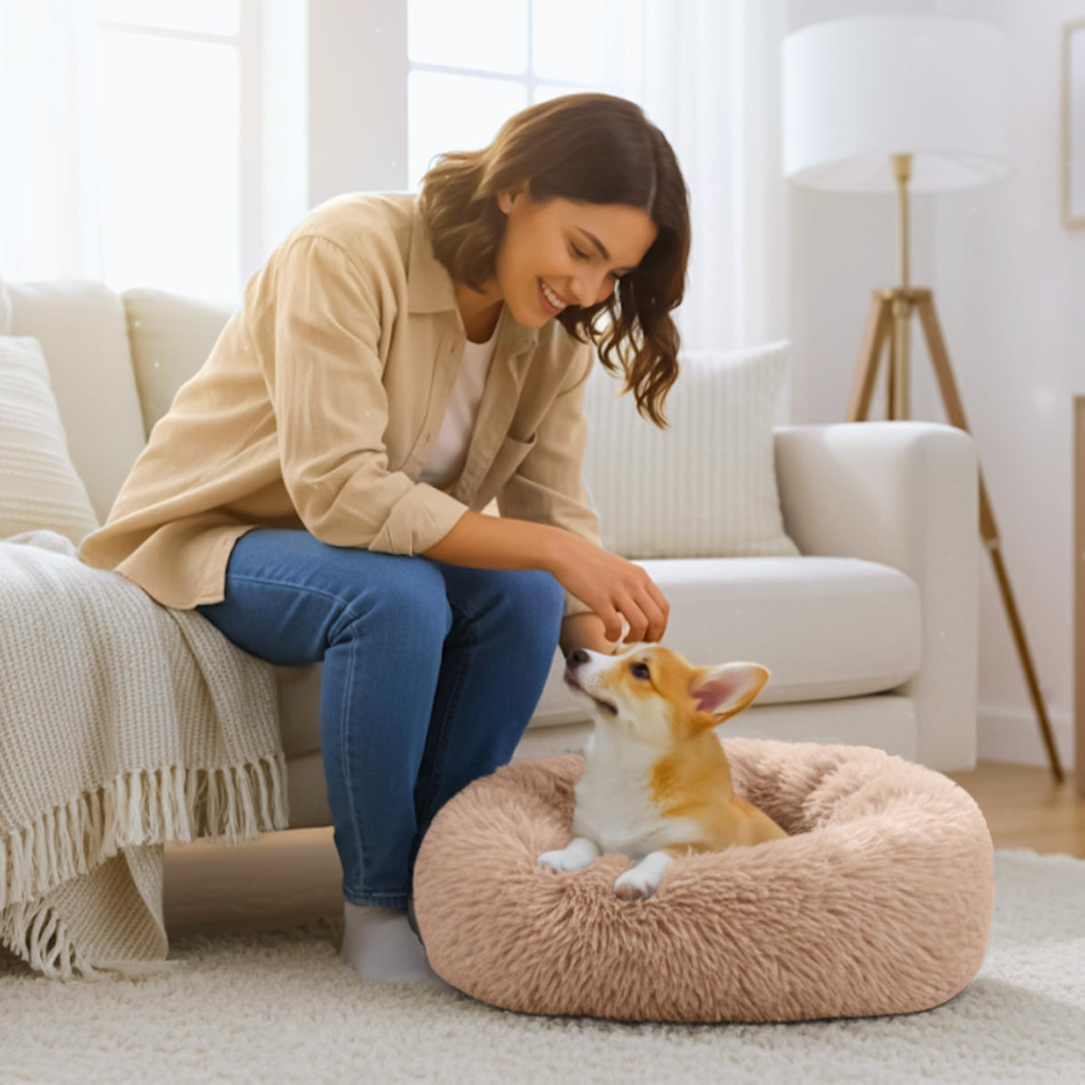 Calming Anti-Anxiety Donuts Dog And Cat Bed, Round Fluffy Soft Washable Small Medium Pet Bed For Puppy & Kitten, Cuddler Warming Comfortable Cushion, Luxury Anti-Slip Waterproof Mute Base 24in (Camel)
