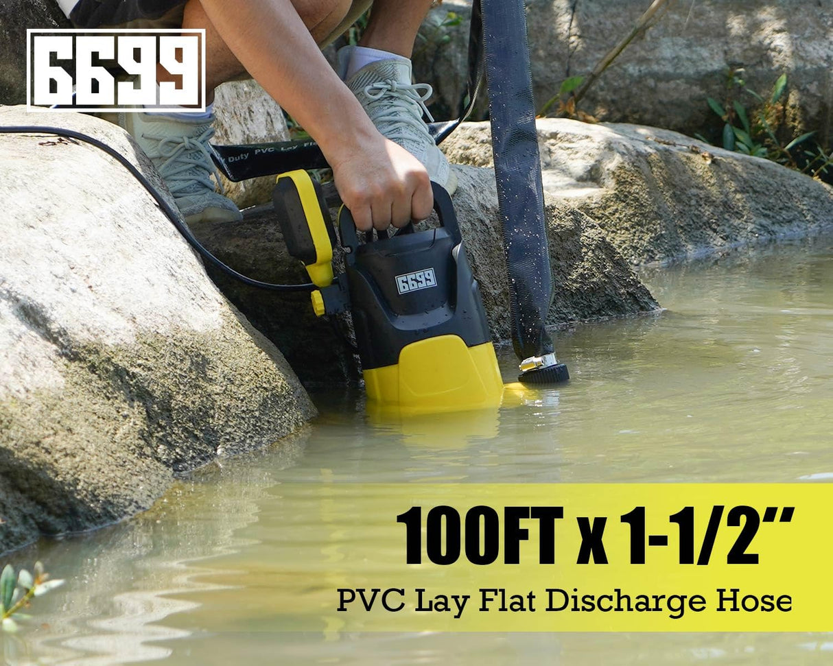 6699 Discharge Hose 1-1/2-Inch by 100-Foot Sump Pump With 2pcs SUS 304 Clamps for Pool Backwash, Draining/Removing Water - Lay Flat 1500