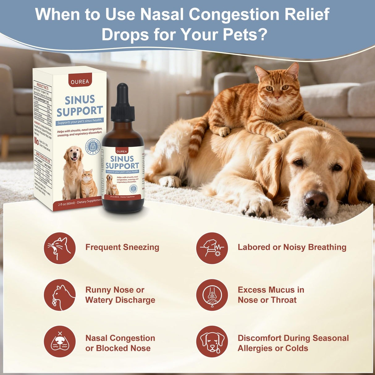 Nasal Congestion Relief Drops for Cats & Dogs, Sinus & Respiratory Support Supplement, Helps Soothe Seasonal Nose Discomfort & Maintain Clear Breathing, Immune Support