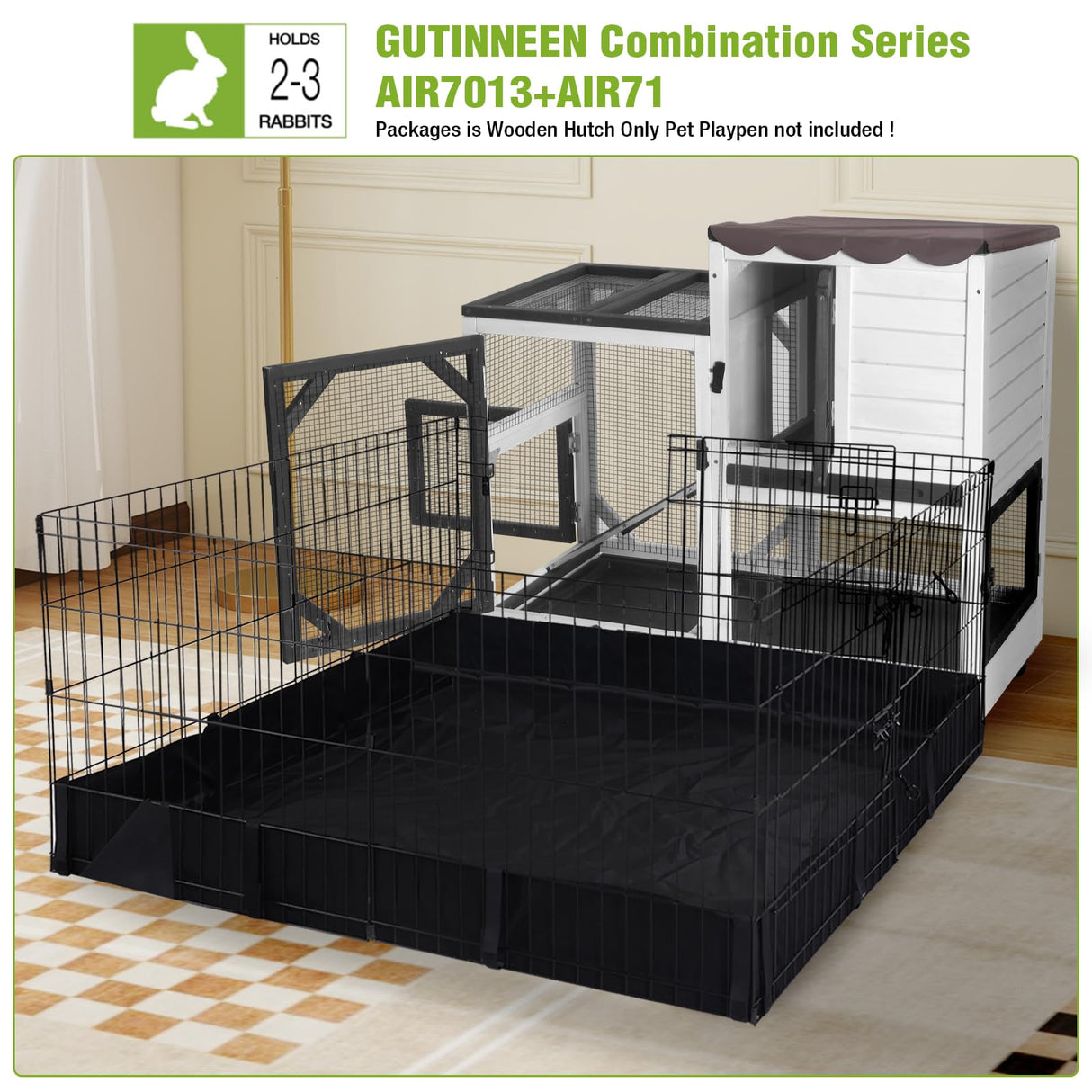 GUTINNEEN Rabbit Hutch Indoor Rabbit Cage with Wheels Outdoor Bunny House 2 Story Guinea Pig Cage with Leakproof Tarp Roof (White)