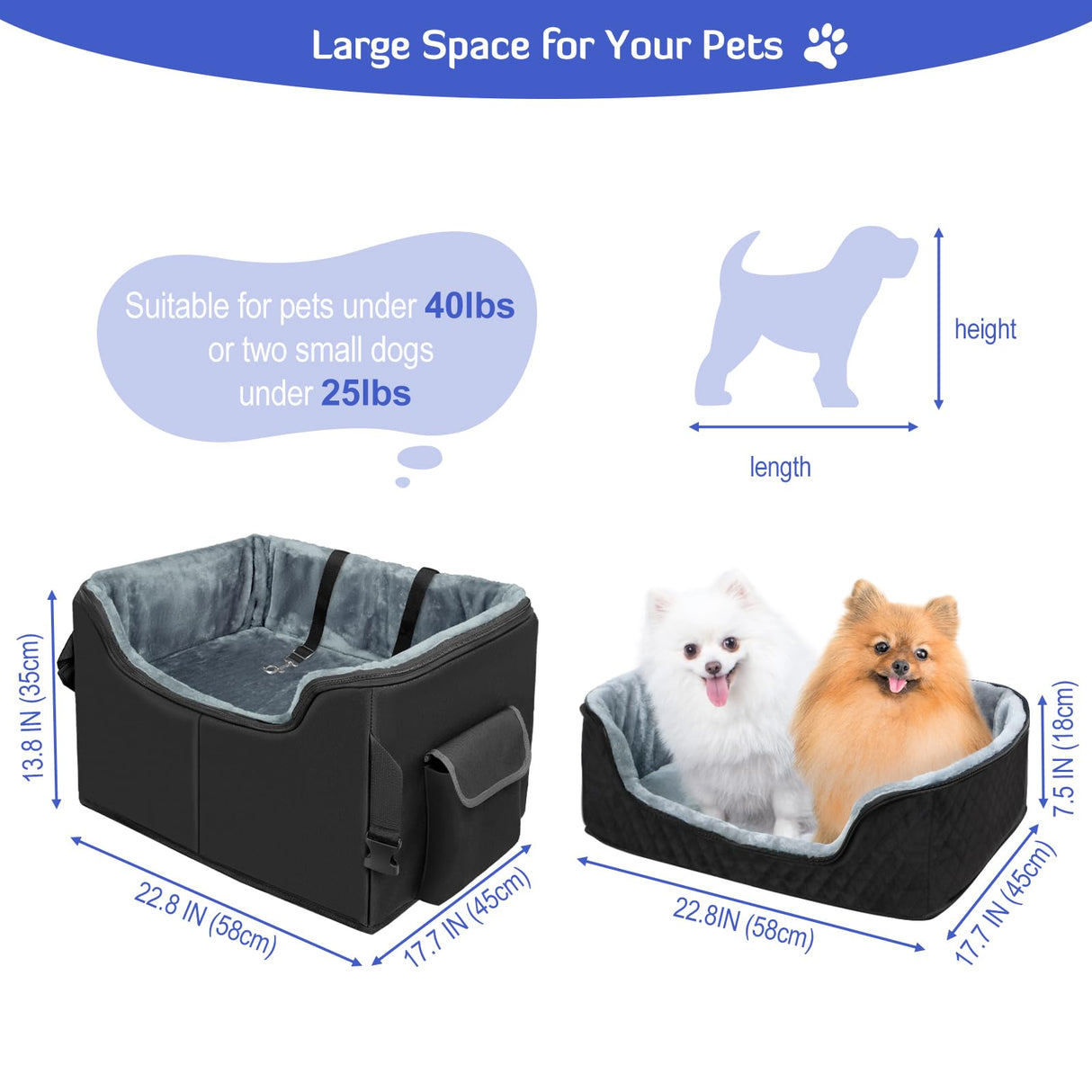 INFANZIA Dog Booster Car Seat for Small Medium Dogs, Elevated Pet Car Seats with Safety Leash for Pets Under 45Lbs, Washable Lookout Puppy Travel Seat with Storage Pockets (Medium, Black)