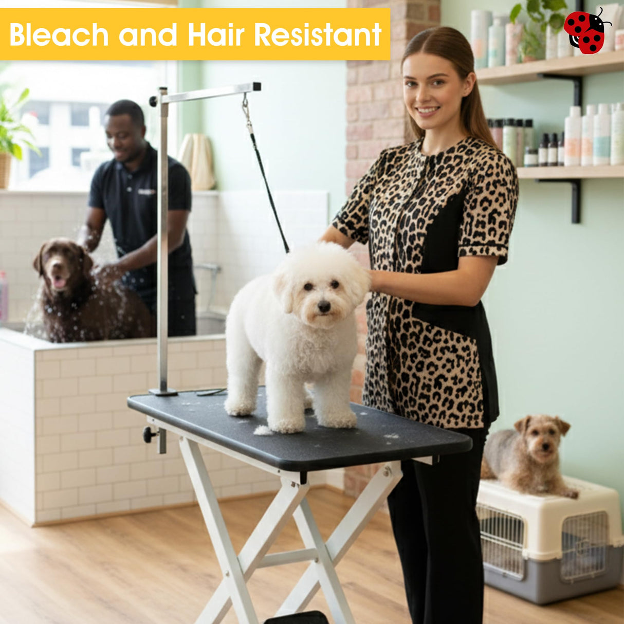 Ladybird Line 716 Leopard Print Waterproof Grooming & Styling Smock, Hair and Bleach Resistant with Covered Zipper Panel, Mesh Back, and Back Tie Belt - Ideal for Pet Groomers and Hair Stylists - 2XL