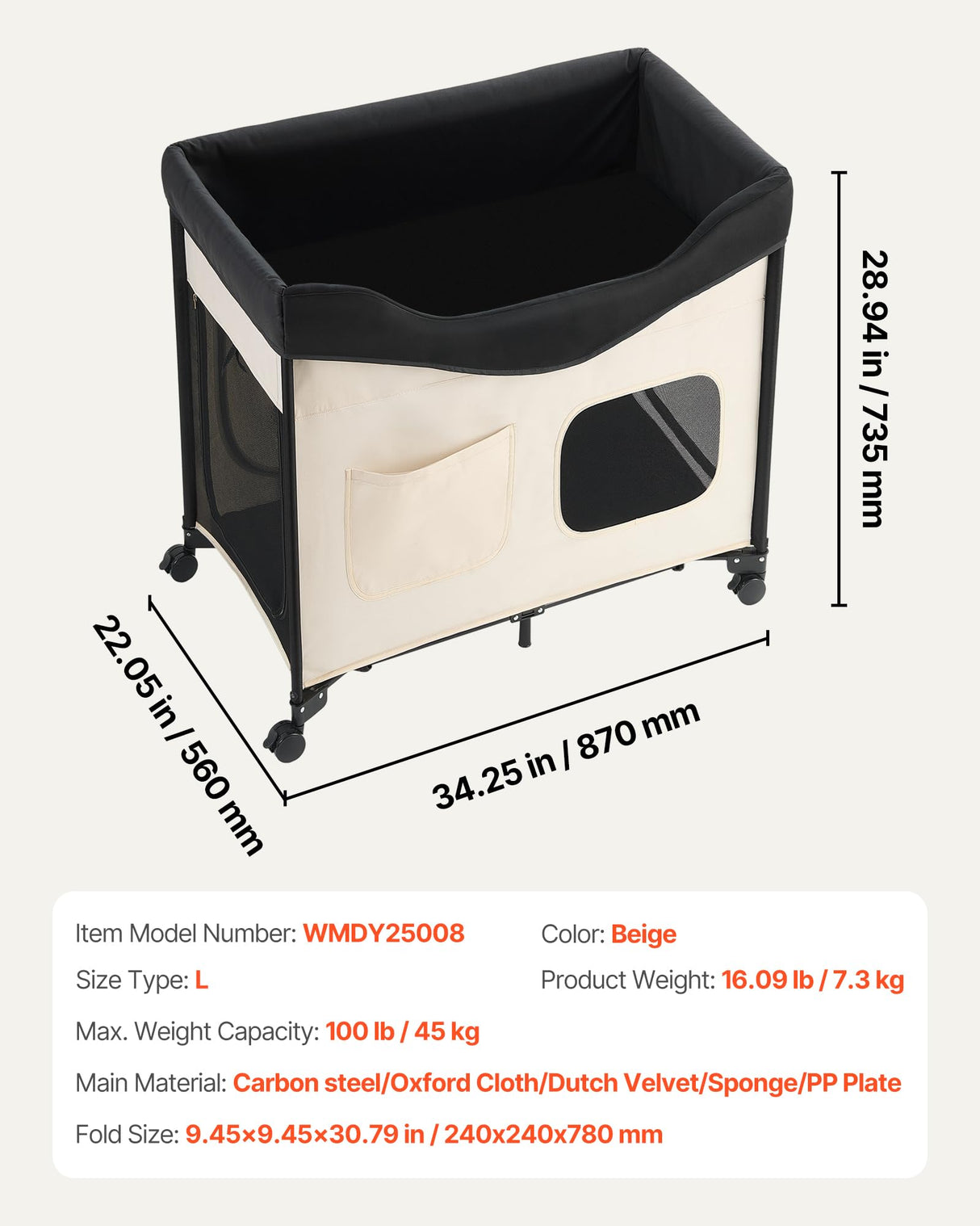 VEVOR Bedside Lounge Pet Bed, Foldable Bunk Dog Bed with 600D Oxford Cloth and Dutch Velvet, Portable Raised Cot with Wheels, Side Storage Bags, and Carry Bag for Cats & Dogs, L, Beige