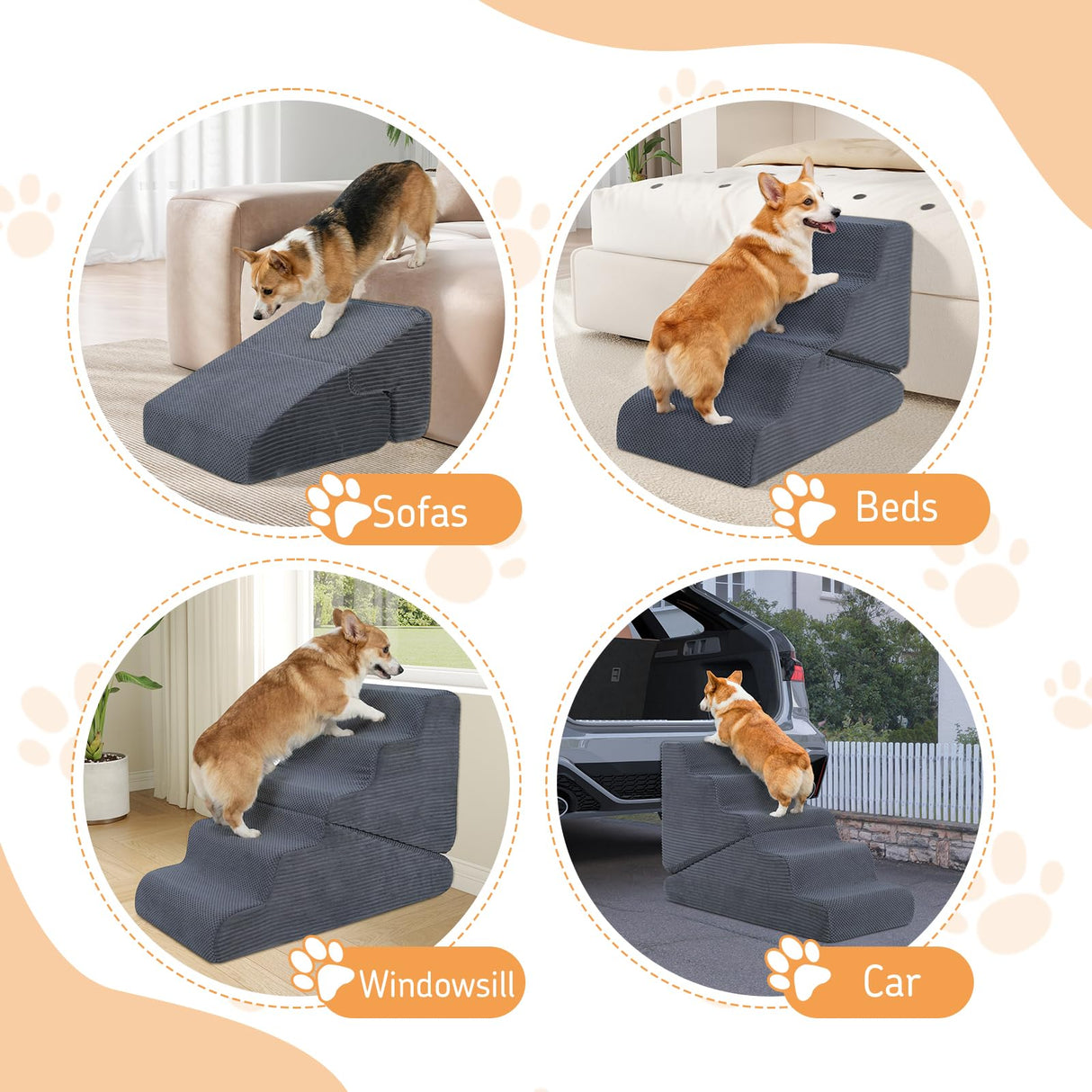 PRIMEPATIO Dog Ramp for Bed, 20" H Dog Stairs for High Bed, 2 in 1 Pet Steps for Small Dogs, 4-Step Foldable Transformable Large Cats Ramp to Get on Couch, Non-Slip Balanced, Grey