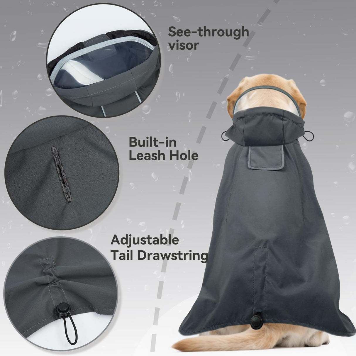 Dora Bridal Dog Raincoat for Large Dogs, Adjustable Clear Hooded Dog Rain Jacket, Waterproof Dogs Rain Coat Poncho with Reflective Strips for Labrador, Golden Retriever, German Shepherd, Grey,3XL