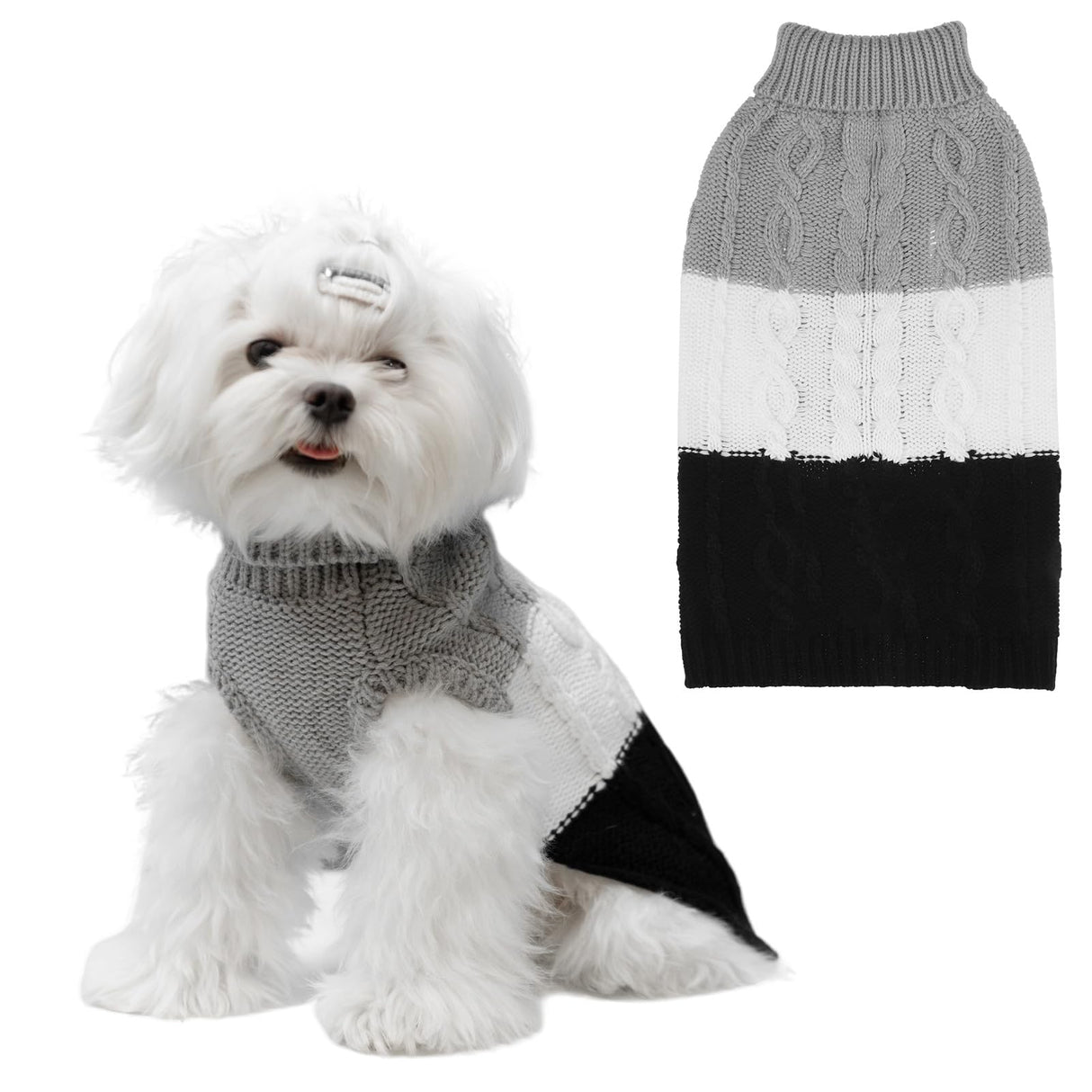 EXPAWLORER Dog Sweater with Leash Hole - Large Dogs Fall Sweaters for Girls Boys,Classic Turtleneck Knitwear Dog Clothes for Cold Weather, Cable Knit Dogs Outfit,Coat,Pet Apparel(Black&Grey,L)