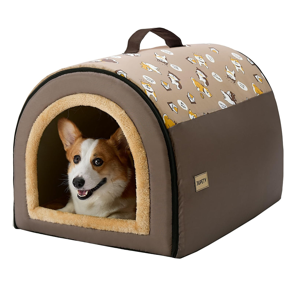 Jiupety Indoor Dog House, 2-in-1 Portable Foldable House Bed with Cover, Pet Tent & Cave Bed for Medium Dogs, XL(28"×21"×19"), Up to 40 Lb, Brown