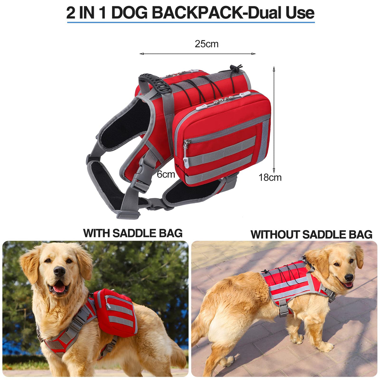 BYGD Dog Backpack for Medium to Large Dogs, Saddle Bag for Dogs to Wear for Hiking, Backpack Harness with Side Pockets for Hiking, Walking, Training, Running (L XL Red).