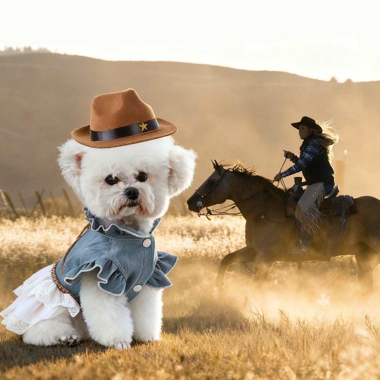 FLAdorepet Western Dog Cowgirl Denim Dress with Dog Hat,Pet Halloween Texas Cowboy Cowgirl Costumes Outfits for Small Dogs Girl Cat Apparels (Blue, M)