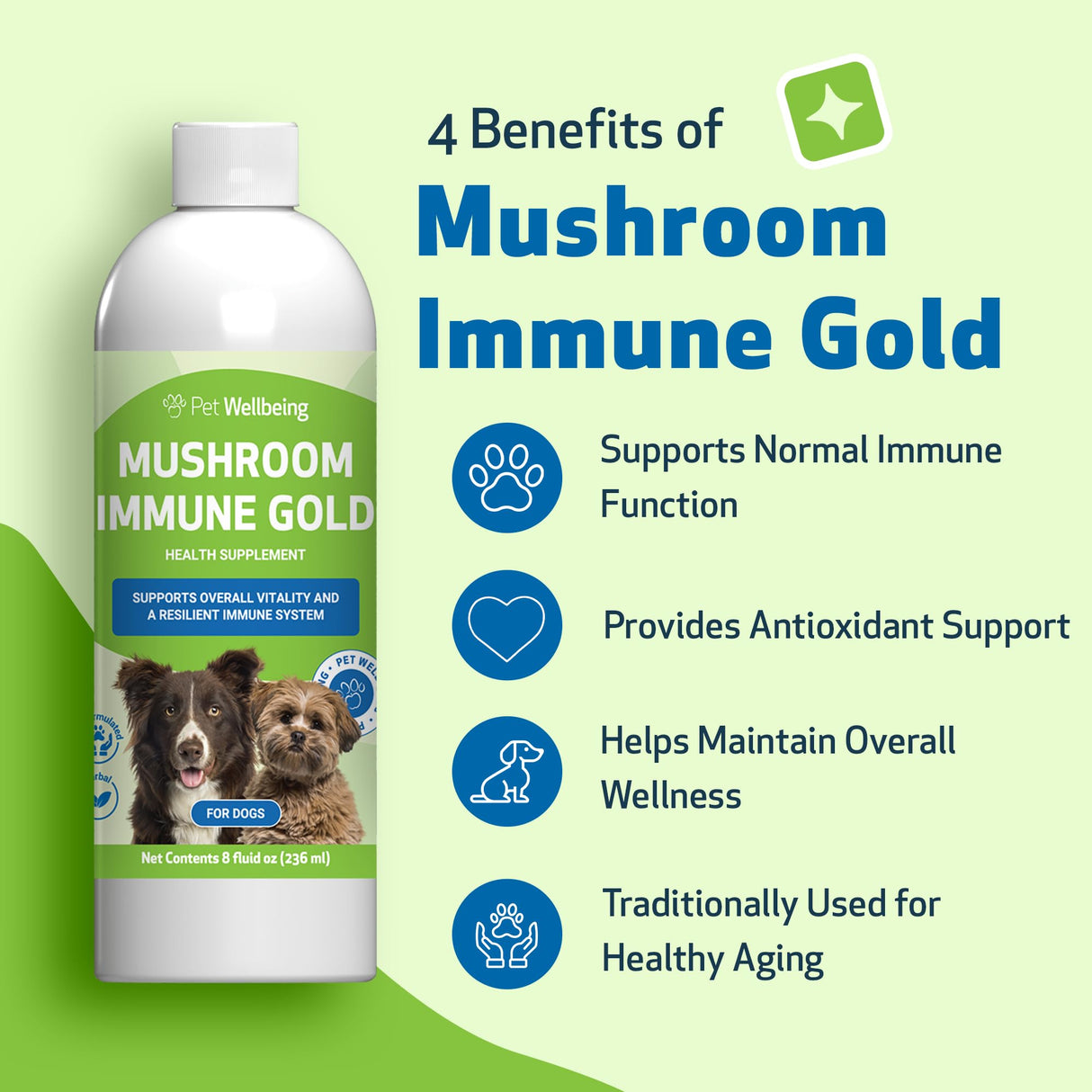 Pet Wellbeing Mushroom Immune Gold for Dogs - Complementary Immune Support with Functional Mushrooms Reishi, Maitake & Turkey Tail - NASC Certified & Vet-Formulated - 8 oz Liquid Formula