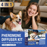 Dog Pheromone Calming Diffuser 4 In 1 Appeasing Pet Pheromones Diffuser to Calm Kit (Plug in+ 3 Pack 48ml Refill) for Anxiety Relief Reduce Barking Aggression Fighting Stress 90 Day Supply(Tasteless)