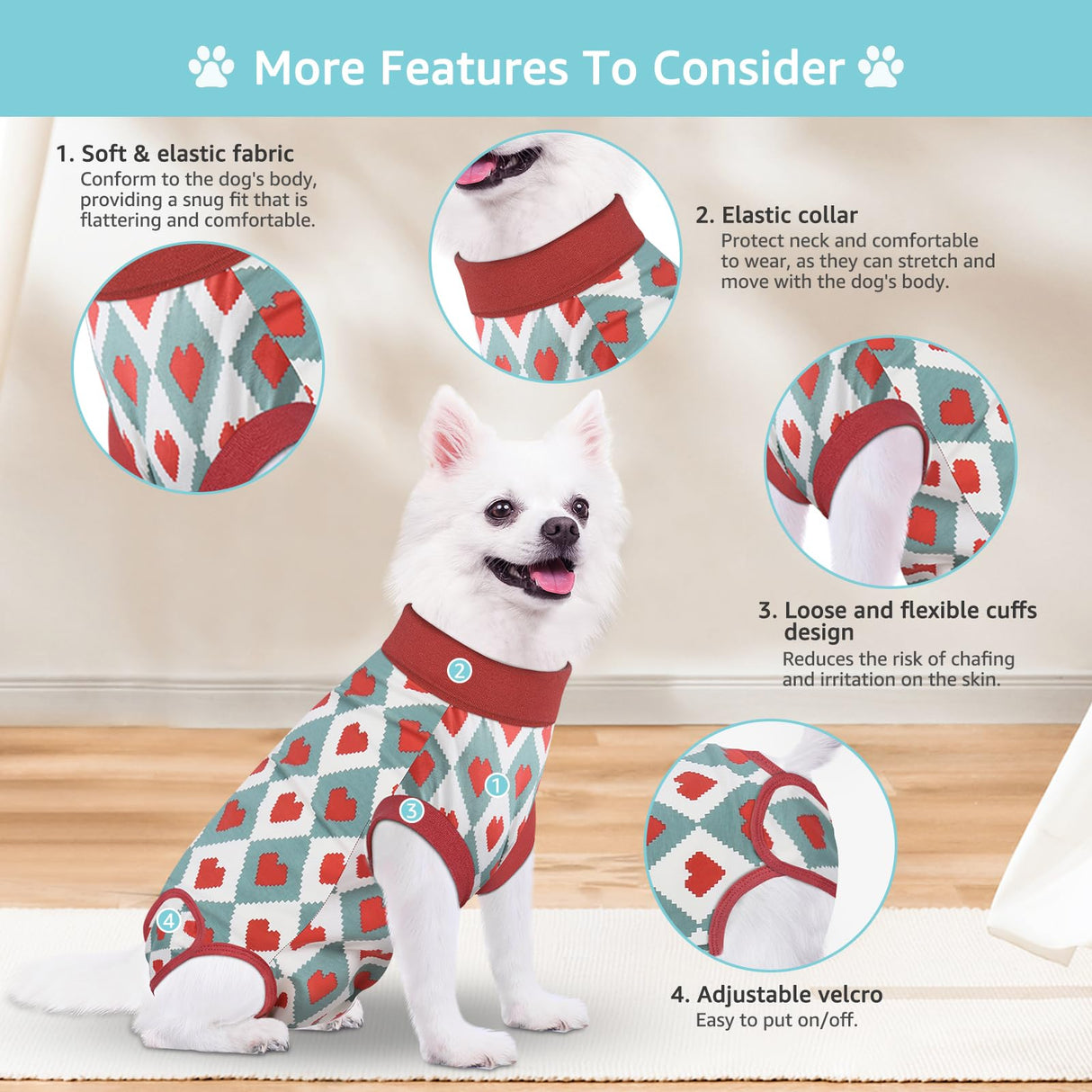 Comwish Small Recovery Suit for Dogs, Dog Recovery Suit Male Female Post Spay, Neuter, Abdominal Surgery Recovery Suit with an Inner Layer Pocket, Prevent Licking Soft Breathable Cotton (Red Heart)