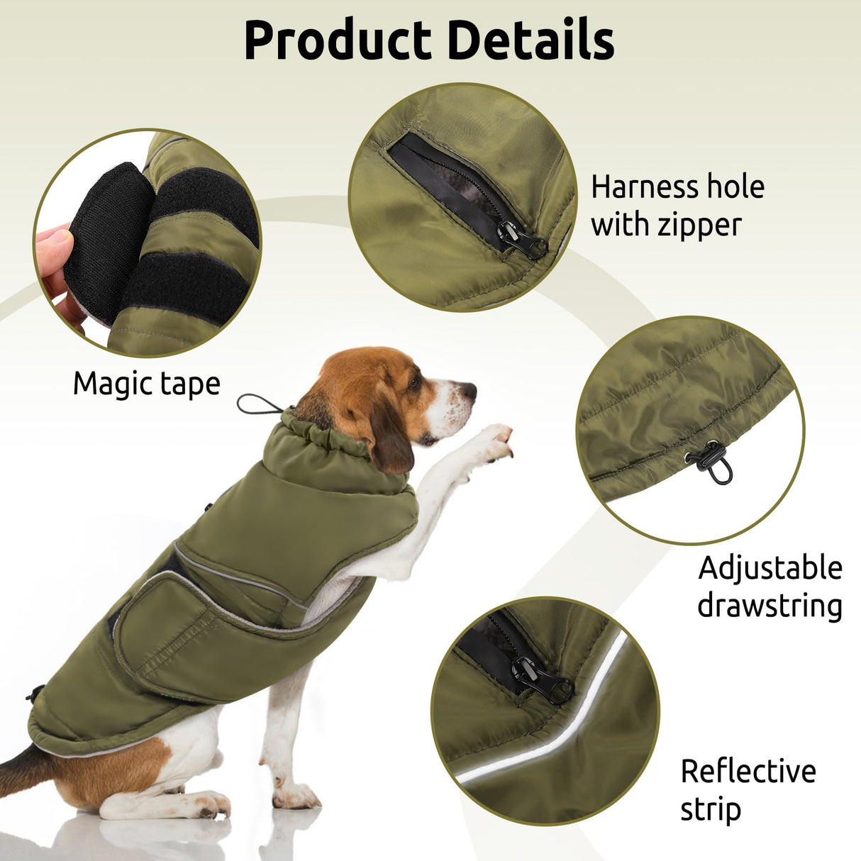 Peferhouse Warm Winter Coat for Large Dogs, Cold Weather Windproof Reflective Jacket With Harness Hole, Thick Vest ArmyGreen L