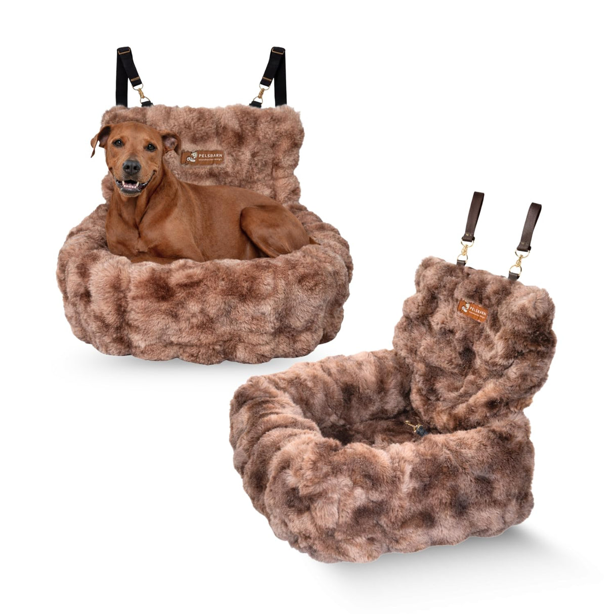 Pelsbarn Luxurious Cozy Car Bed - Small Luxury Travel Dog Bed with Safety Belt - Ultra Soft Faux Fur - Brown