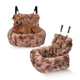 Pelsbarn Luxurious Cozy Car Bed - Small Luxury Travel Dog Bed with Safety Belt - Ultra Soft Faux Fur - Brown