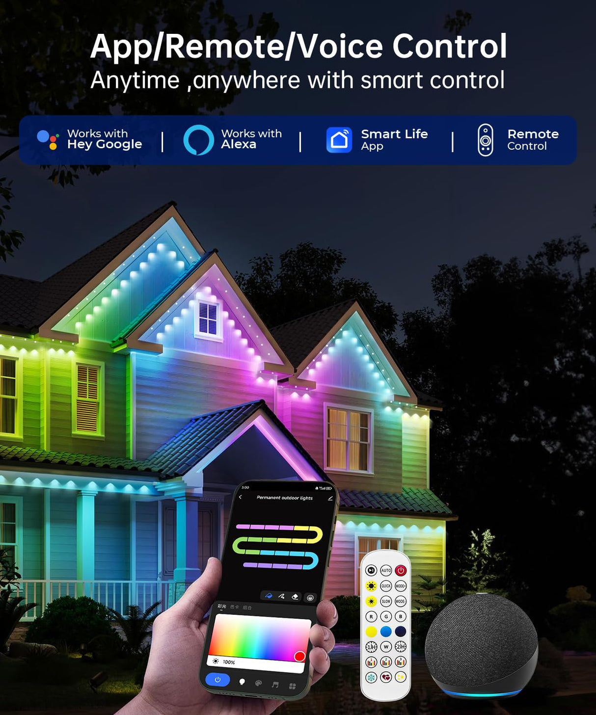 SMAVISTA Smart Permanent Outdoor Lights, 100ft with 72 LED RGB String Lights, IP67 Waterproof Eaves Light with 44 Scene Modes for Easter Christmas Birthday Holiday Party Gift, APP/Voice/Remote Control